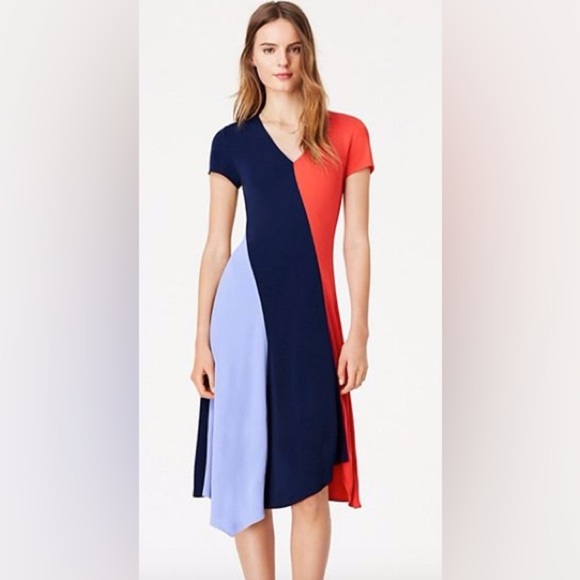 NWOT Tory Burch Color Block Asymmetrical V-Neck Dress Orange Blue XS - Picture 2 of 6